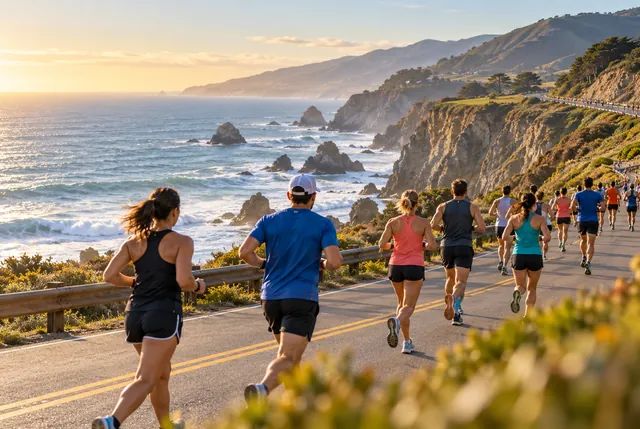 Illustrative view of runners beside sea cliffs and open ocean on a generic coast road.