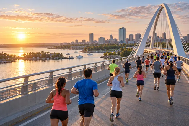 Illustrative view of distant runners crossing a modern bridge above an American waterfront.