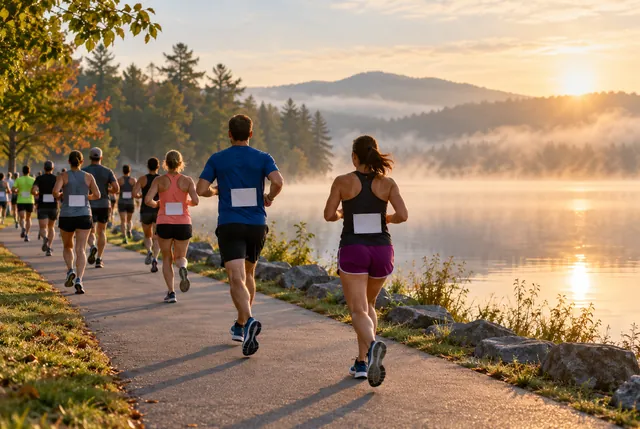 Illustrative view of runners on a lake path with morning mist above calm water.