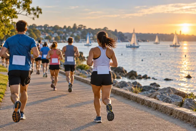 Illustrative view of distant runners on a harbor course with small sailboats offshore.