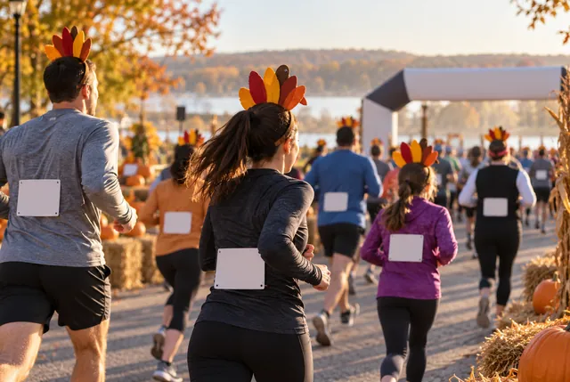 Illustrative view of participants in simple turkey-themed headbands at an American fun run.