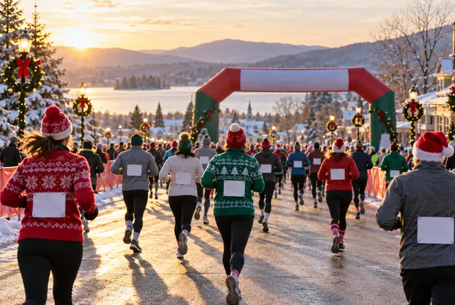 Illustrative view of runners wearing understated winter holiday hats and sweaters.