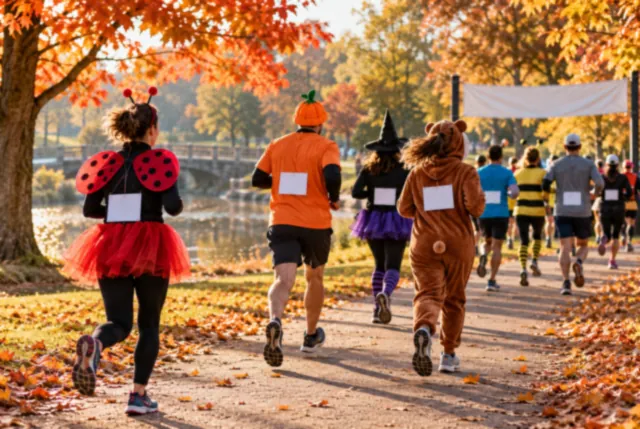 Illustrative view of costumed runners jogging past orange leaves in a neighborhood park.