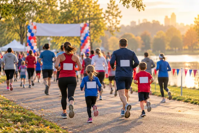 Illustrative view of distant families jogging together in festive colors at a park.