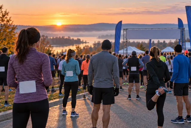 Illustrative view of runners in light layers gathering before sunrise on a chilly morning.