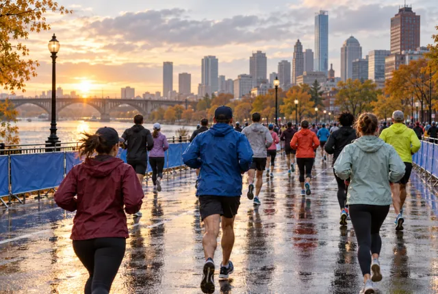 Illustrative view of runners in plain rain jackets on a wet city course.