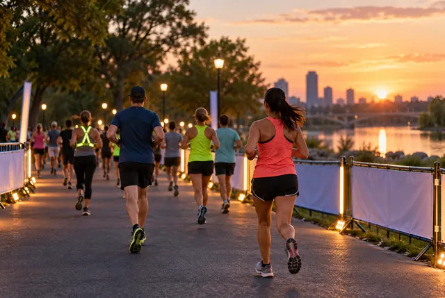 Illustrative view of small runners on a safely lit evening course with reflective clothing.