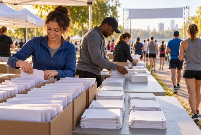 Illustrative view of volunteers arranging plain envelopes and blank bibs on pickup tables.