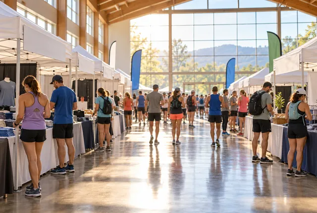 Illustrative view of distant attendees browsing simple blank booths in a community race hall.
