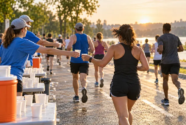 Illustrative view of volunteers handing plain cups to runners along a course.