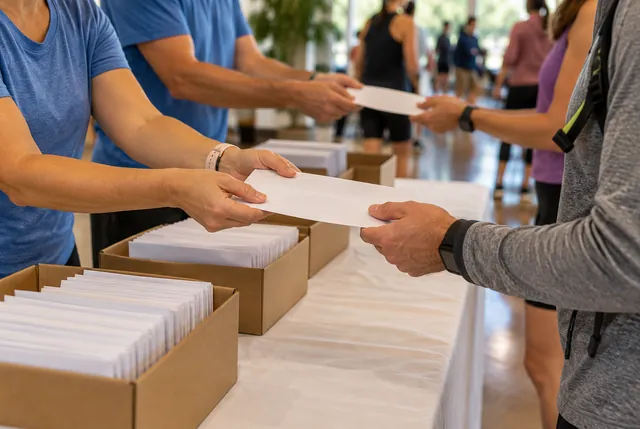 Illustrative view of volunteers welcoming participants at a simple check-in table.