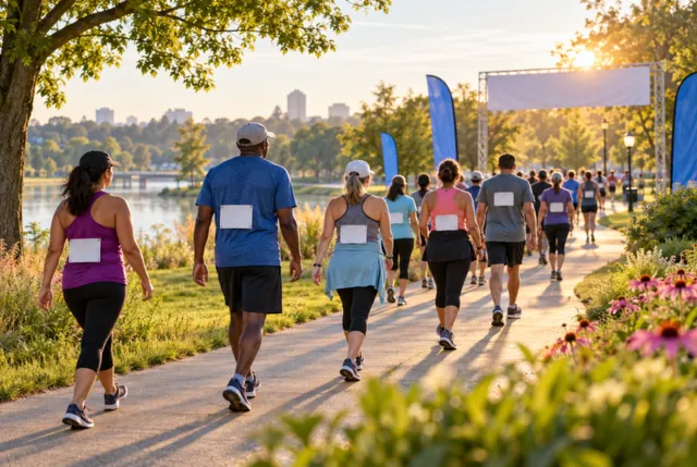 Illustrative view of community walkers following a park path together in morning light.