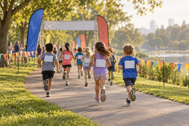 Illustrative view of small children running away from camera on a safe park path.
