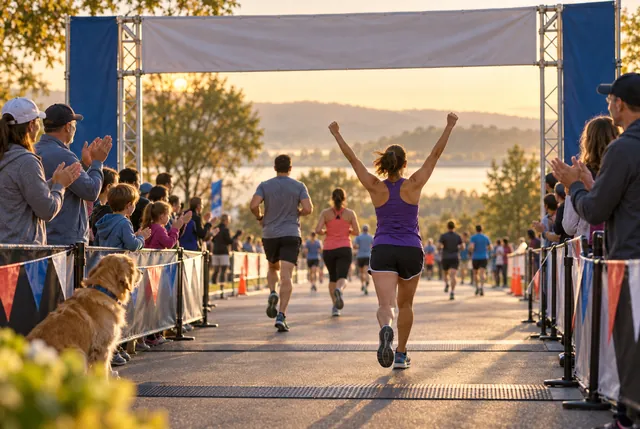 Illustrative view of volunteers and families applauding at a generic charity event finish.