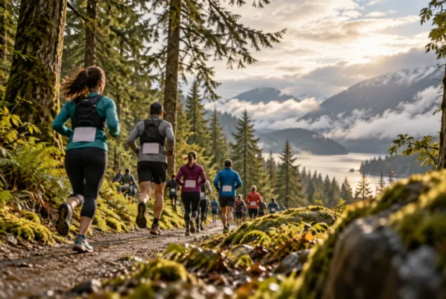 Illustrative view of tiny runners beneath tall evergreens on a clouded Northwest path.