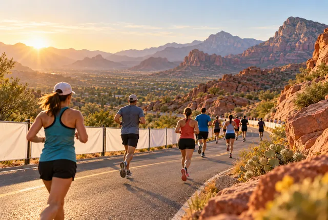 Illustrative view of a generic race route with desert mountains and warm sandstone.