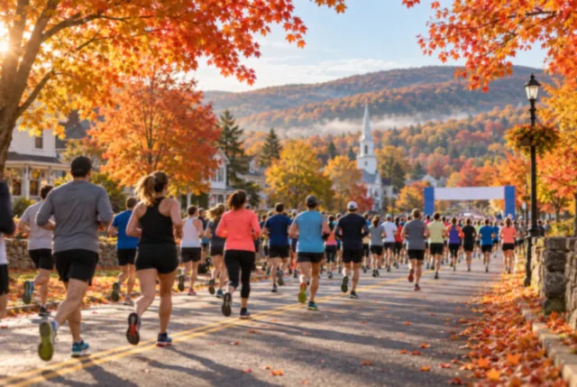 Illustrative view of runners beneath bright fall foliage on a small-town road.
