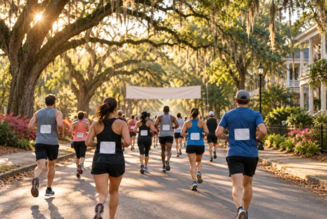 Illustrative view of runners beneath spreading live oaks on a quiet Southern street.